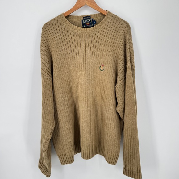 Vintage Chaps‎ Ralph Lauren XL Mens Beige Cable Knit Crew Neck Sweater Crest 90s - Picture 2 of 5